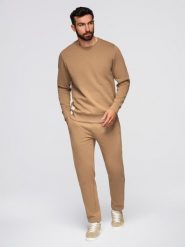 Komplet dresowy męski set bluza z okrągłym dekoltem + spodnie regular fit - camel V2 - Rozmiar: XXL. Brązowe bluzy męskie Ombre Clothing, m, z aplikacjami, z bawełny, bez kaptura. Za 299.99 zł.