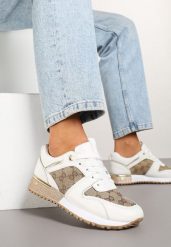 Biało-Brązowe Sneakersy z Ozdobnymi Przeszyciami i Metaliczną Wstawką Miltia. Białe obuwie sportowe damskie Born2be, bez wzorów. Za 69.99 zł.