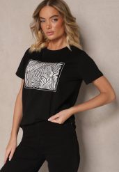Czarny Bawełniany T-shirt Oversize z Nadrukiem Imitującym Zebrę Nalornis. Czarne bluzki damskie Renee, m, bez wzorów, z bawełny, eleganckie, bez kołnierzyka, bez ramiączek. Za 34.99 zł.