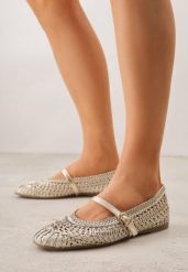 Złote Szydełkowe Balerinki z Paskiem z Klamerką Uroinne. Żółte baleriny damskie Born2be, bez wzorów, z jeansu, klasyczne, bez obcasa. Za 119.99 zł.