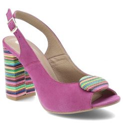 Sandały damskie Armodo, skórzane na wysokim obcasie z ozdobą i odkrytą piętą, fuksjowe, 1819. Czerwone sandały damskie Armodo, z aplikacjami, z zamszu, bez obcasa, na obcasie, bez zapięcia. Za 299.00 zł.