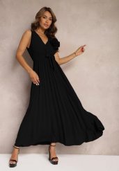 Czarna Koktajlowa Sukienka Plisowana z Kwiatową Broszką Paskiem i Gumką w Talii Viknna. Czarne sukienki damskie Renee, na imprezę, l, bez wzorów, z materiału, eleganckie, bez kołnierzyka, bez ramiączek, maxi, plisowane. Za 69.99 zł.