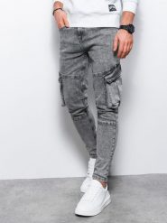 Jeansowe spodnie cargo SLIM FIT z efektem wybielania – szare V1 OM-PADP-0176 - M. Szare spodnie materiałowe męskie Ombre Clothing, m, z aplikacjami, z bawełny, klasyczne. Za 125.99 zł.