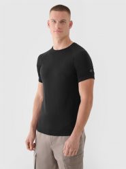 4F T-shirt bezszwowy regular męski 4F x Robert Lewandowski - czarny S/M. Czarne koszulki sportowe męskie 4f, na lato, m, bez wzorów, z dzianiny, klasyczne, bez kołnierzyka. W wyprzedaży za 79.99 zł.