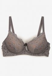 Szaro-Beżowy Biustonosz Full Cup z Ozdobną Koronką Pistaria. Szare biustonosze Born2be, bez wzorów, z koronki. Za 19.99 zł.
