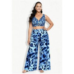 Damskie Spodnie palazzo zwierzęcy wzór szeroka nogawka elastyczny pas. Niebieskie spodnie sportowe damskie Ulla Popken, plus size, bez wzorów, z materiału. Za 239.99 zł.