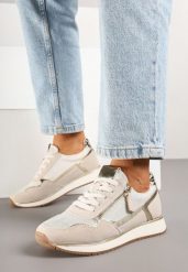 Beżowe Sneakersy Ozdobione Suwakiem i Metalicznymi Wstawkami Alua. Brązowe obuwie sportowe damskie Renee, z aplikacjami, z jeansu. Za 119.99 zł.