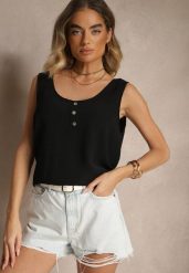 Czarny Top z Bawełną Ozdobiony Guzikami Ulosiella. Czarne bluzki damskie Renee, na lato, l, bez wzorów, z bawełny, eleganckie, bez kołnierzyka, bez ramiączek. Za 34.99 zł.
