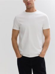 T-shirt slim z bawełny merceryzowanej - złamana biel. T-shirty męskie Reserved, l, bez wzorów, z bawełny, bez kołnierzyka. Za 99.99 zł.