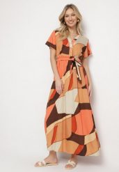 Jasnobrązowa Sukienka Rozkloszowana z Wiskozy w Geometryczny Wzór z Paskiem Ranislla. Brązowe sukienki damskie Born2be, na co dzień, l, bez wzorów, z wiskozy, eleganckie, bez kołnierzyka, bez ramiączek, maxi, rozkloszowane. Za 79.99 zł.
