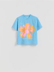 Bawełniany t-shirt z nadrukiem - jasnoniebieski. Niebieskie t-shirty damskie Reserved, l, bez wzorów, z bawełny, bez kołnierzyka. Za 49.99 zł.