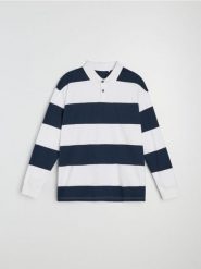 Bawełniana koszulka polo w paski - granatowy. Niebieskie koszulki polo męskie Sinsay, l, bez wzorów, z bawełny, bez ramiączek. Za 49.99 zł.