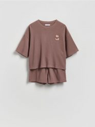 Waflowa piżama dwuczęściowa - brązowy. Brązowe piżamy damskie Reserved, l, bez wzorów, z bawełny, bez ramiączek. Za 99.99 zł.