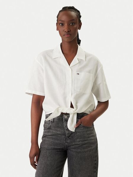 Tommy Jeans Koszula DW0DW22210 Biały Relaxed Fit. Białe bluzki damskie Tommy Jeans, m, bez wzorów, z jeansu, bez kołnierzyka, bez ramiączek. Za 218.99 zł.