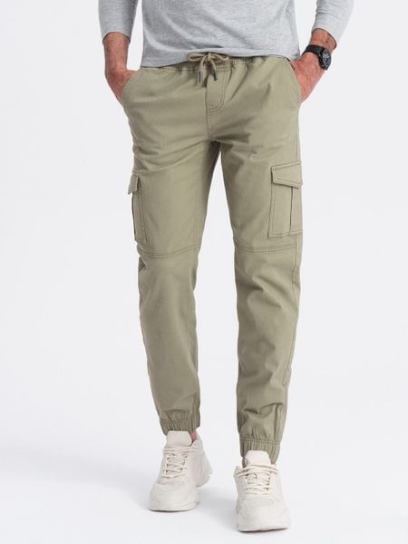 Spodnie męskie JOGGERY z zapinanymi kieszeniami cargo - khaki V1 - Rozmiar: XL. Brązowe spodnie sportowe męskie Ombre Clothing, l, bez wzorów, z bawełny. Za 179.99 zł.