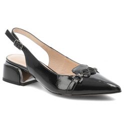 Sandały damskie S.Barski, z odkrytą piętą na stabilnym obcasie wykonane z lakierowanej skóry naturalnej z regulowanym paskiem i subtelną metalową ozd. Czarne klapki damskie S.BARSKI, z aplikacjami, z lakierowanej skóry, bez obcasa, na obcasie, bez zapięcia. Za 269.90 zł.