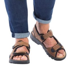 Sandały Męskie Ze Skóry Ekologicznej Zapinane Na Dotyk. Brązowe sandały męskie Rieker, z materiału, z otwartym noskiem, bez zapięcia. Za 380.99 zł.