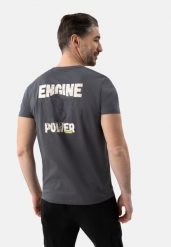 T-shirt z nadrukiem na plecach T-ENGIN. Szare t-shirty męskie Volcano, na lato, l, bez wzorów, z bawełny, klasyczne, bez kołnierzyka. Za 59.99 zł.