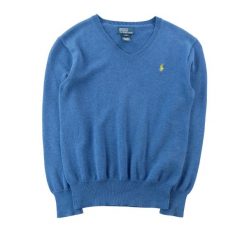 Second life - Sweter chłopięcy z bawełnianym dekoltem w serek - Jak nowy. Niebieskie swetry dla chłopców Ralph Lauren, bez wzorów, z bawełny, bez kołnierzyka, bez kaptura. Za 143.46 zł.