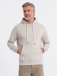 Męska bluza dresowa kangurka z kapturem - jasnobeżowa V1. Brązowe bluzy męskie Ombre Clothing, m, bez wzorów, z bawełny, z kapturem. Za 155.99 zł.