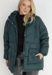 Ciemnozielona Kurtka Pikowana z Kapturem Lannea. Zielone kurtki damskie Born2be, plus size, bez wzorów, z jeansu, z kapturem. Za 199.99 zł.
