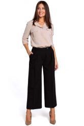 Czarne Eleganckie Spodnie Kuloty w Kant. Czarne spodnie materiałowe damskie MOE, l, bez wzorów, z elastanu. Za 223.90 zł.