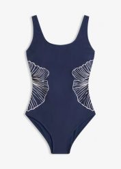 Kostium kąpielowy shape z lekko modelującego materiału, z nadrukiem z przodu. Niebieskie kostiumy jednoczęściowe damskie bonprix, bez wzorów. Za 37.99 zł.