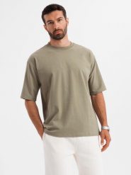 Męski t-shirt bawełniany LOOSE FIT z okrągłym dekoltem khaki V8 OM-TSBC-0234 M. Brązowe t-shirty męskie Ombre, m, bez wzorów, z bawełny, bez kołnierzyka. Za 196.65 zł.