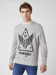 MĘSKA BLUZA WRANGLER GRAPHIC CREW MID GREY MEL W6E2HAX37 112130726. Szare bluzy męskie Wrangler, l, z aplikacjami, z bawełny, bez kaptura. Za 129.99 zł.