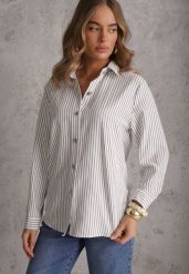Biała Koszula z Bawełną w Prążki ze Zdobionymi Guzikami Mirasea. Białe bluzki damskie Renee, m, z aplikacjami, z bawełny, eleganckie, bez kołnierzyka, bez ramiączek. Za 69.99 zł.