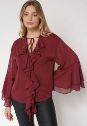 Bordowa Bluzka w Rustykalnym Stylu z Wiązaniem i Falbankami Nenarea. Czerwone bluzki damskie Born2be, l, bez wzorów, z jeansu, biznesowe, bez kołnierzyka, bez ramiączek. Za 109.99 zł.