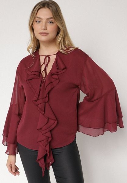 Bordowa Bluzka w Rustykalnym Stylu z Wiązaniem i Falbankami Nenarea. Czerwone bluzki damskie Born2be, l, bez wzorów, z jeansu, biznesowe, bez kołnierzyka, bez ramiączek. Za 109.99 zł.