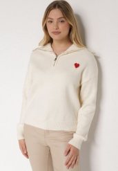Biały Golf z Bawełną Wiskozą i Wełną Ozdobiony Sercem Monissea. Białe swetry damskie Born2be, m, bez wzorów, z bawełny, biznesowe, bez kołnierzyka, bez ramiączek, bez kaptura. Za 129.99 zł.