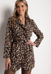 Brązowa Niezapinana Marynarka w Panterkę z Paskiem i Poduszkami na Ramionach Letaril. Brązowe żakiety damskie Born2be, l, z aplikacjami, eleganckie. Za 169.99 zł.