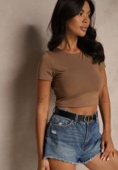 Brązowy T-shirt Cropped z Wiskozą Efranessa. Brązowe bluzki damskie Renee, l, bez wzorów, z materiału, bez kołnierzyka. Za 69.99 zł.