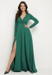 Ciemnozielona Rozkloszowana Sukienka z Dekoltem w Serek i Rozcięciem Zdobiona Metaliczną Nicią Emilandra. Zielone sukienki damskie Born2be, m, z aplikacjami, z materiału, eleganckie, bez kołnierzyka, bez ramiączek, maxi, kopertowe. Za 79.99 zł.