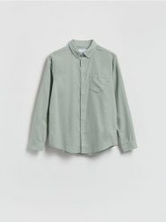 Bawełniana koszula slim fit - jasnozielony. Zielone koszule męskie Reserved, l, bez wzorów, z bawełny, bez kołnierzyka, bez ramiączek. Za 119.99 zł.