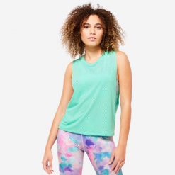 Koszulka bez rękawów do tańca fitness damska Domyos. Zielone bluzy sportowe damskie DOMYOS, l, bez wzorów, z elastanu, bez kaptura, na fitness i siłownię. Za 49.99 zł.