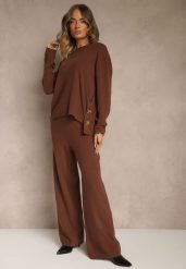 Brązowy Komplet z Dzianiny z Wiskozą Spodnie Wide Leg i Sweter ze Zdobieniami Miomea. Brązowe spodnie materiałowe damskie Renee, z aplikacjami, z dzianiny. Za 209.99 zł.