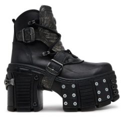 Botki NEW ROCK. Czarne botki damskie NEW ROCK, rockowe, bez obcasa, na słupku, bez zapięcia. Za 1,059.00 zł.