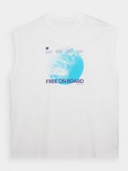 4F Tank top oversize z nadrukiem męski - biały S. Białe koszulki sportowe męskie 4f, m, bez wzorów, z bawełny, klasyczne, bez kołnierzyka. W wyprzedaży za 39.99 zł.