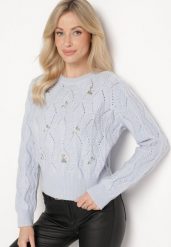 Niebieski Sweter Ozdobiony Tłoczeniem i Kwiatkami Eretina. Niebieskie swetry damskie Born2be, m, z aplikacjami, z jeansu, bez kołnierzyka, bez ramiączek, bez kaptura. Za 139.99 zł.