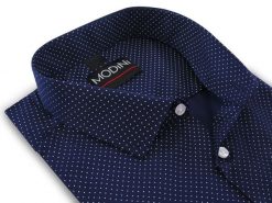 Granatowa koszula w białe kropki Y89. Białe koszule męskie Modini Moda Męska, m, bez wzorów, z bawełny, casualowe, bez kołnierzyka, bez ramiączek. W wyprzedaży za 175.50 zł.