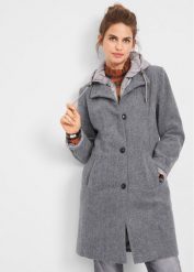 Płaszcz zimowy z materiału w optyce wełny, z efektem 2 w 1. Szare kurtki damskie bonprix, na zimę, bez wzorów, z wełny, bez kaptura. Za 319.99 zł.