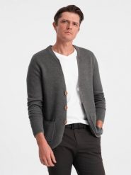 Dzianinowy męski kardigan z kieszeniami i ozdobnymi guzikami – grafitowy melanż V2 OM-SWCD-0109 - XXL. Szare kardigany męskie Ombre Clothing, l, z aplikacjami, z bawełny, casualowe. W wyprzedaży za 69.99 zł.