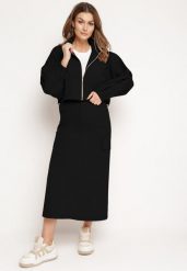 Czarny Komplet Casualowy Bluza z Suwakiem i Stójką oraz Spódnica z Kieszeniami Hettora. Czarne bluzy damskie Born2be, l, bez wzorów, proste. Za 149.99 zł.