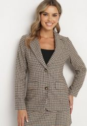 Beżowa Jednorzędowa Marynarka z Wiskozą w Kratkę z Kieszeniami Ozdobionymi Klapami Ninnara. Brązowe żakiety damskie Born2be, s, bez wzorów, z jeansu, biznesowe. Za 159.99 zł.