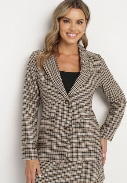 Beżowa Jednorzędowa Marynarka z Wiskozą w Kratkę z Kieszeniami Ozdobionymi Klapami Ninnara. Brązowe żakiety damskie Born2be, s, bez wzorów, z jeansu, biznesowe. Za 159.99 zł.