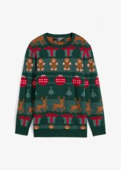 Sweter chłopięcy z bożonarodzeniowym motywem. Zielone swetry dla chłopców bonprix, bez wzorów, bez kołnierzyka, bez kaptura. Za 84.99 zł.
