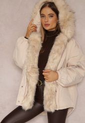 Beżowa Kurtka Parka Oversize z Futerkiem Horelle. Brązowe kurtki damskie Renee, na zimę, l, z aplikacjami, z tkaniny, bez kaptura. Za 369.99 zł.